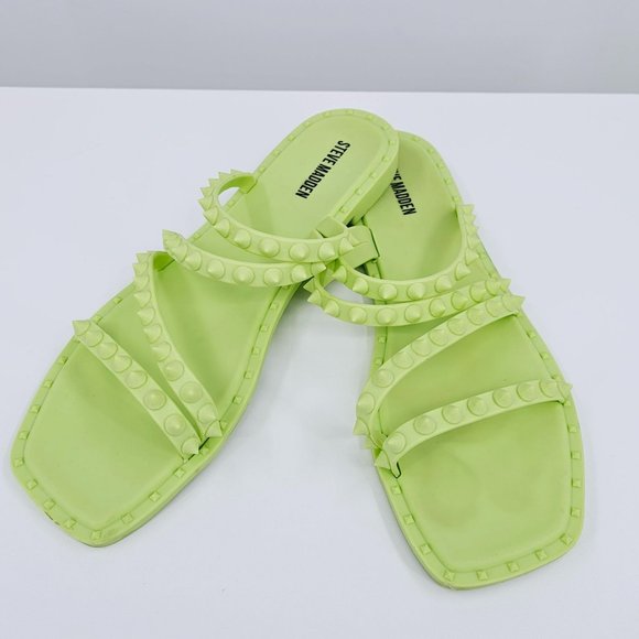 Steve Madden Selina Sandals 10 Lime Green Studded Jelly Square Toe Strappy Flats - Picture 13 of 14